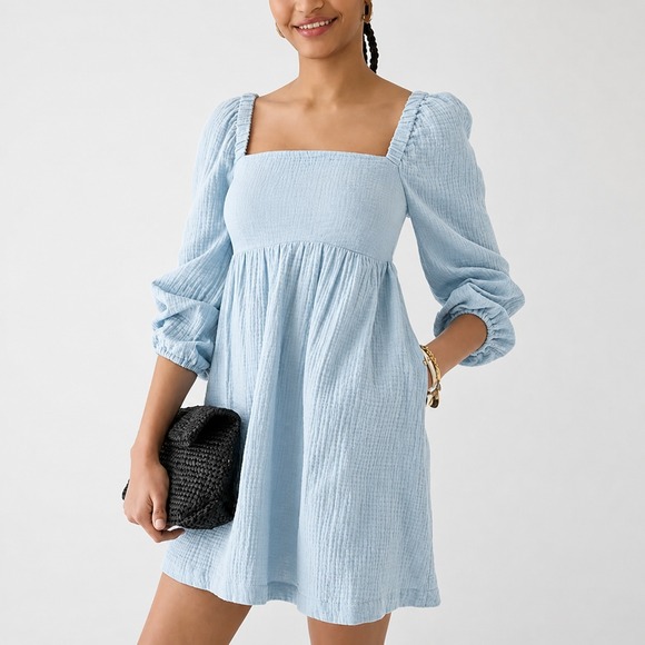 J.CREW Dresses & Skirts - NWT J. Crew Soft Gauze Blue Cotton Smocked Square Neck Mini Dress XLT XL Tall